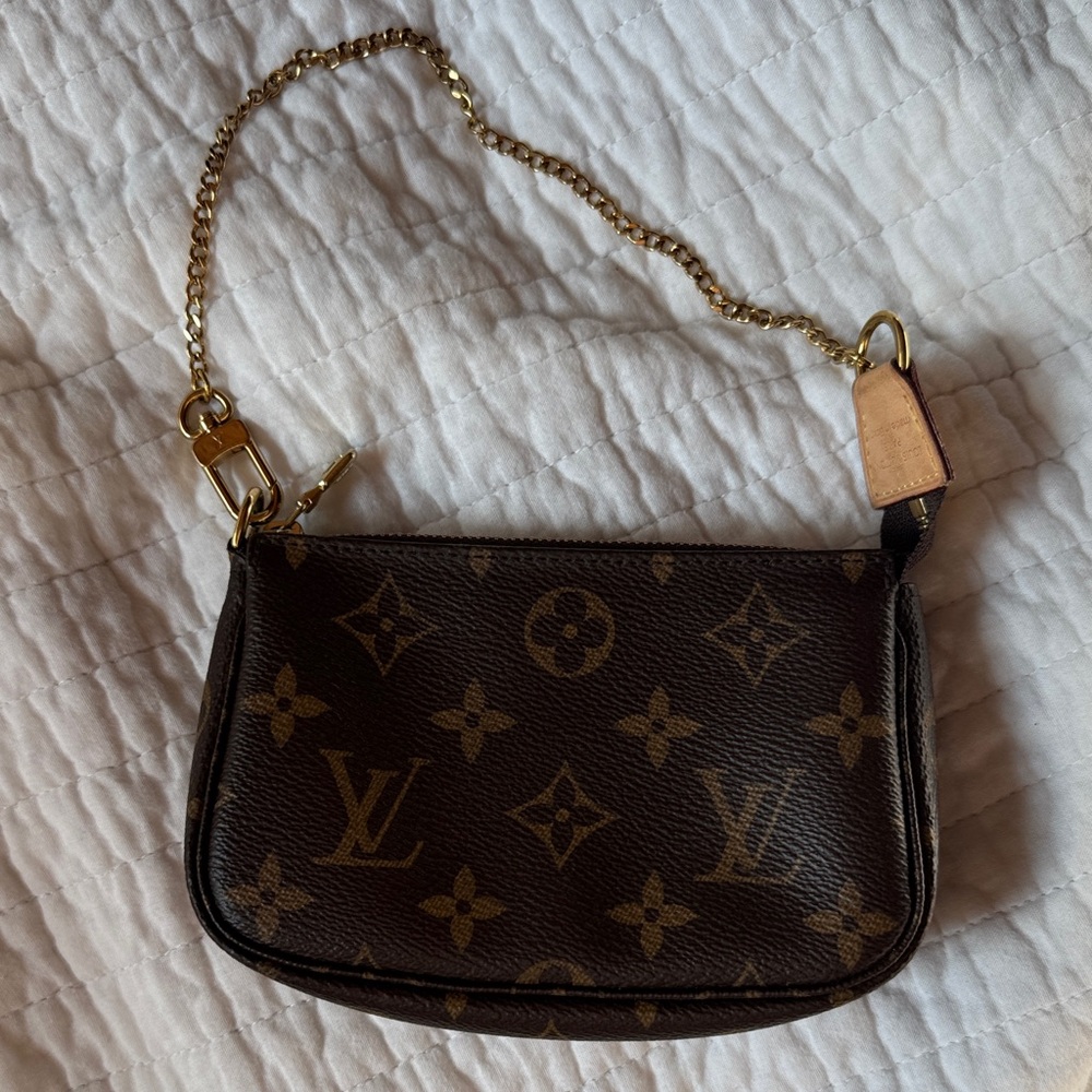 Louis Vuitton Monogram Brown Wristlet with Gold Chain